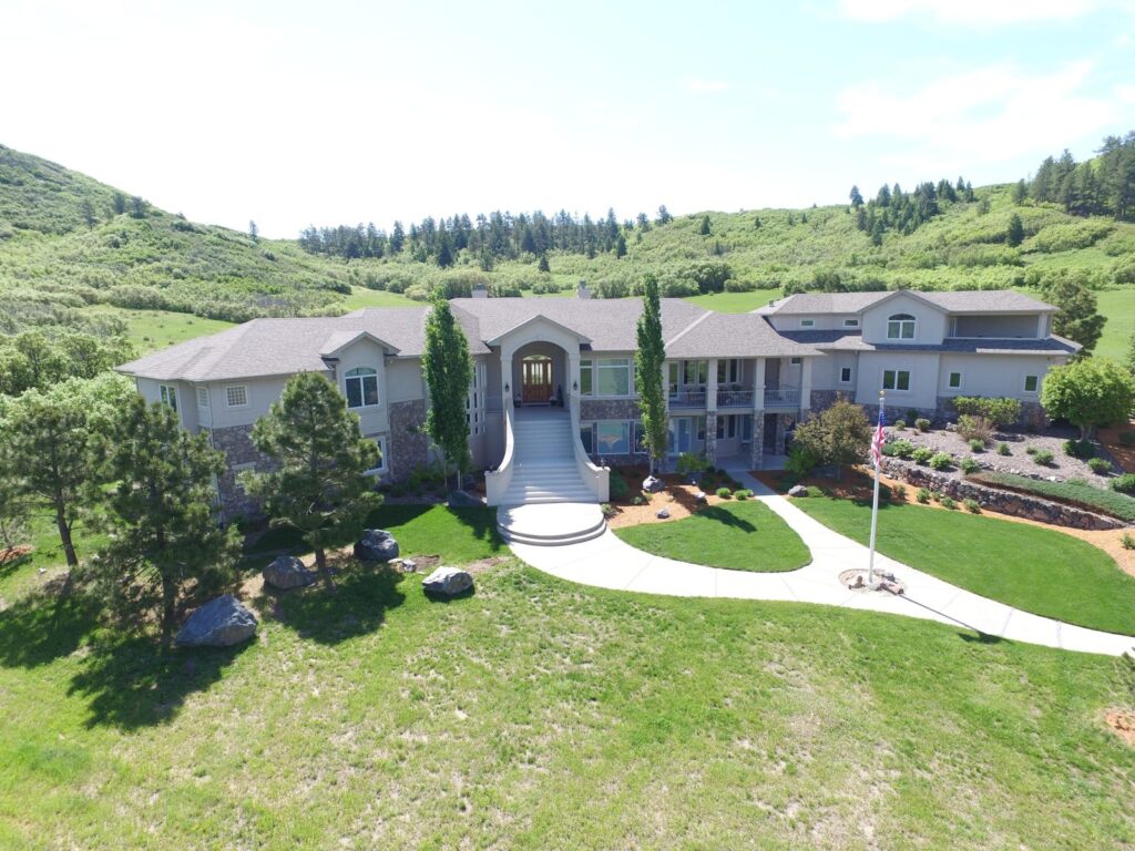 Aerial view of a luxury estate on Serenade Road in Bell Mountain Ranch, Castle Rock, CO, sold by the Joan Pratt Group